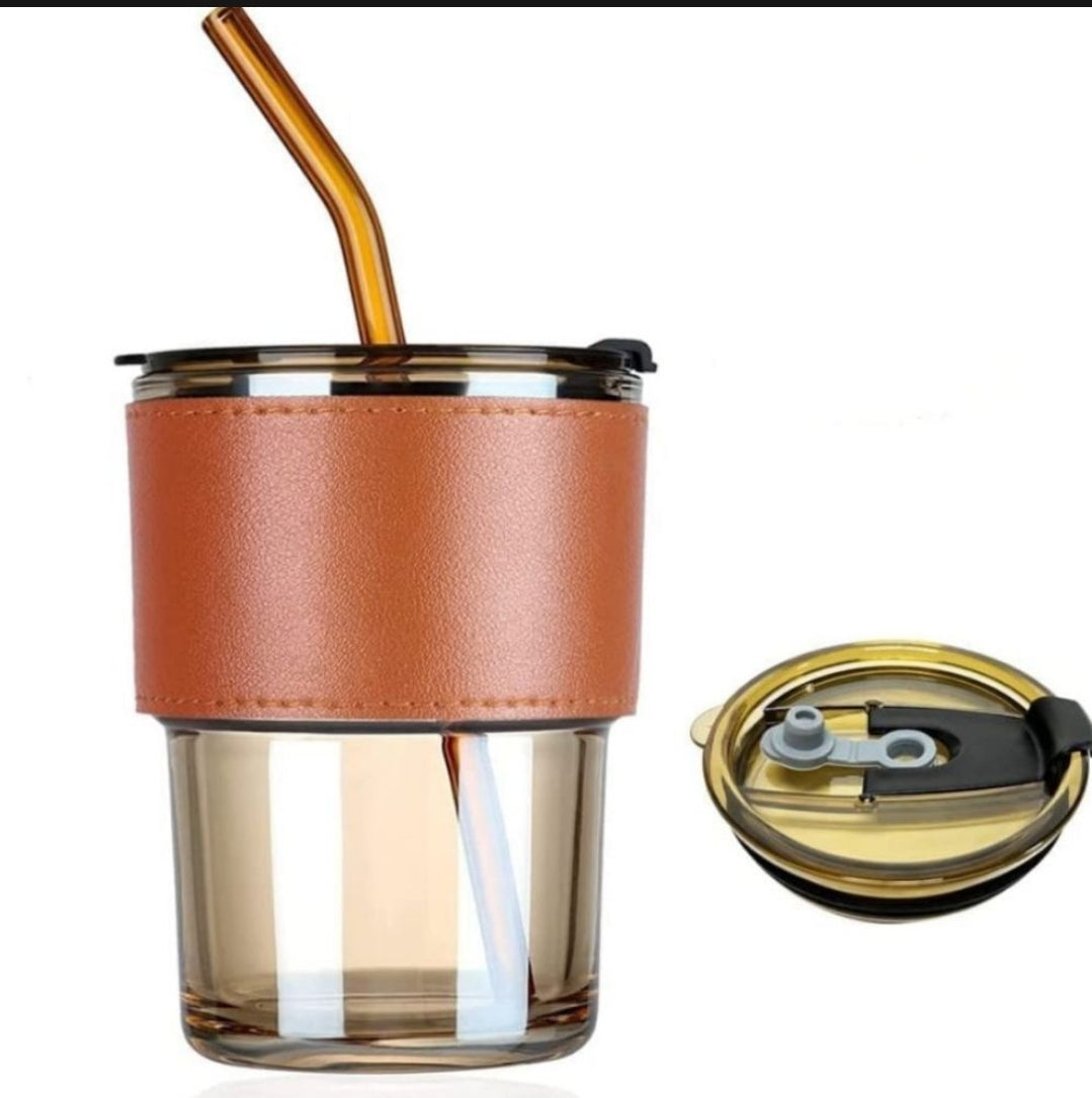 Gorgous Leather Grip Coffee Cup Sipper Glass with Straw Mug