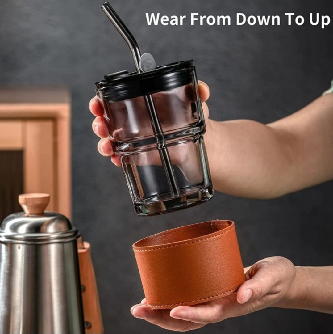 Gorgous Leather Grip Coffee Cup Sipper Glass with Straw Mug