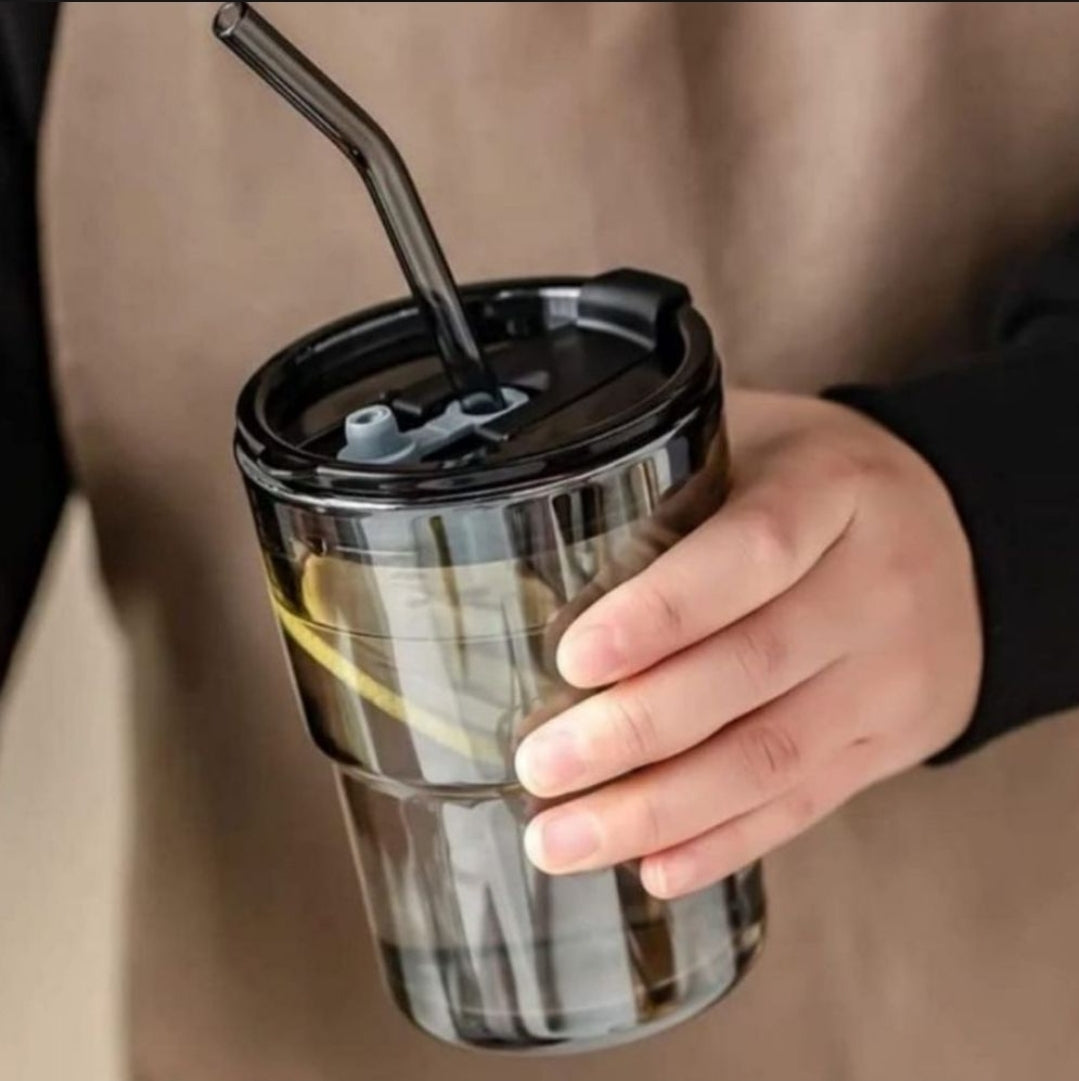 Gorgous Leather Grip Coffee Cup Sipper Glass with Straw Mug