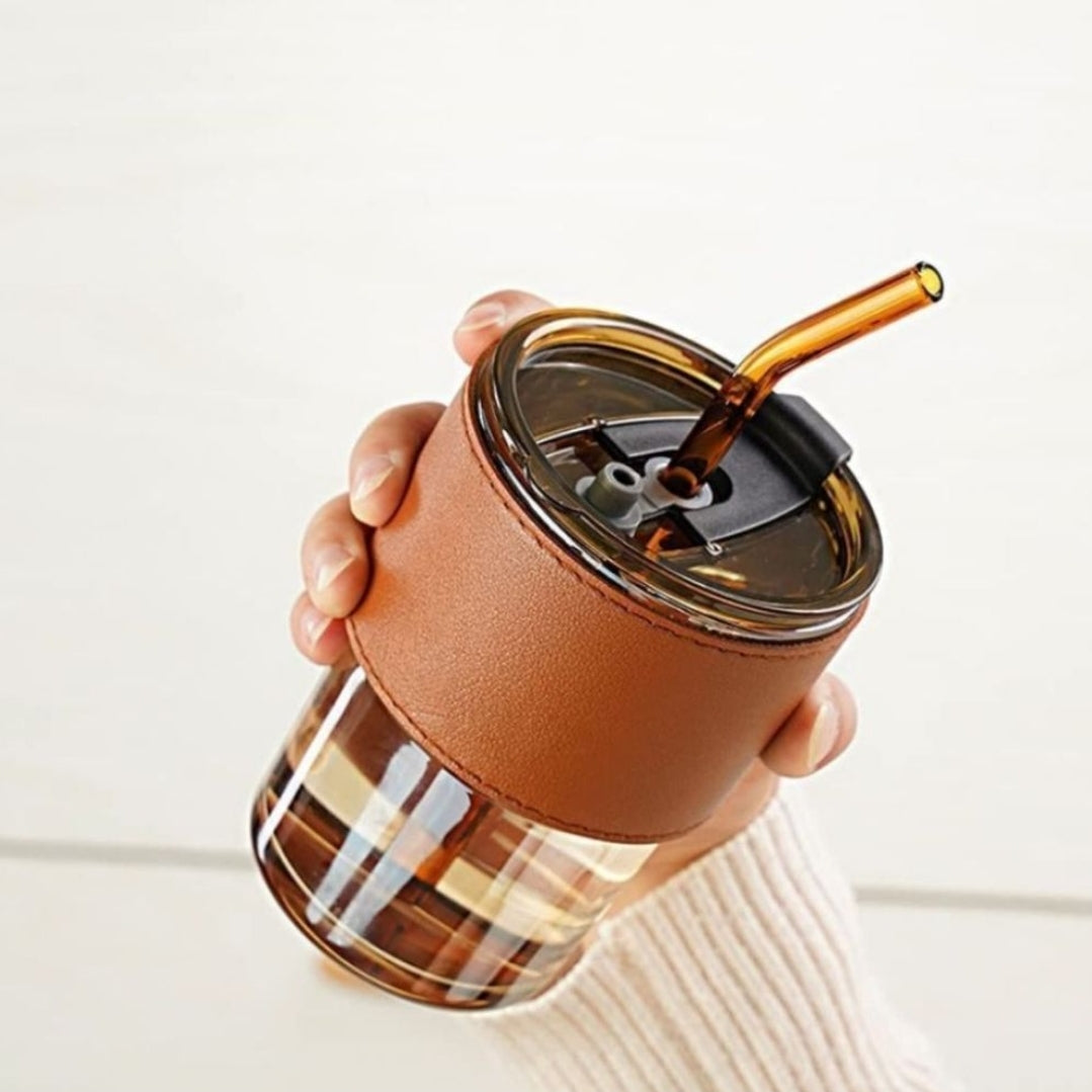 Gorgous Leather Grip Coffee Cup Sipper Glass with Straw Mug