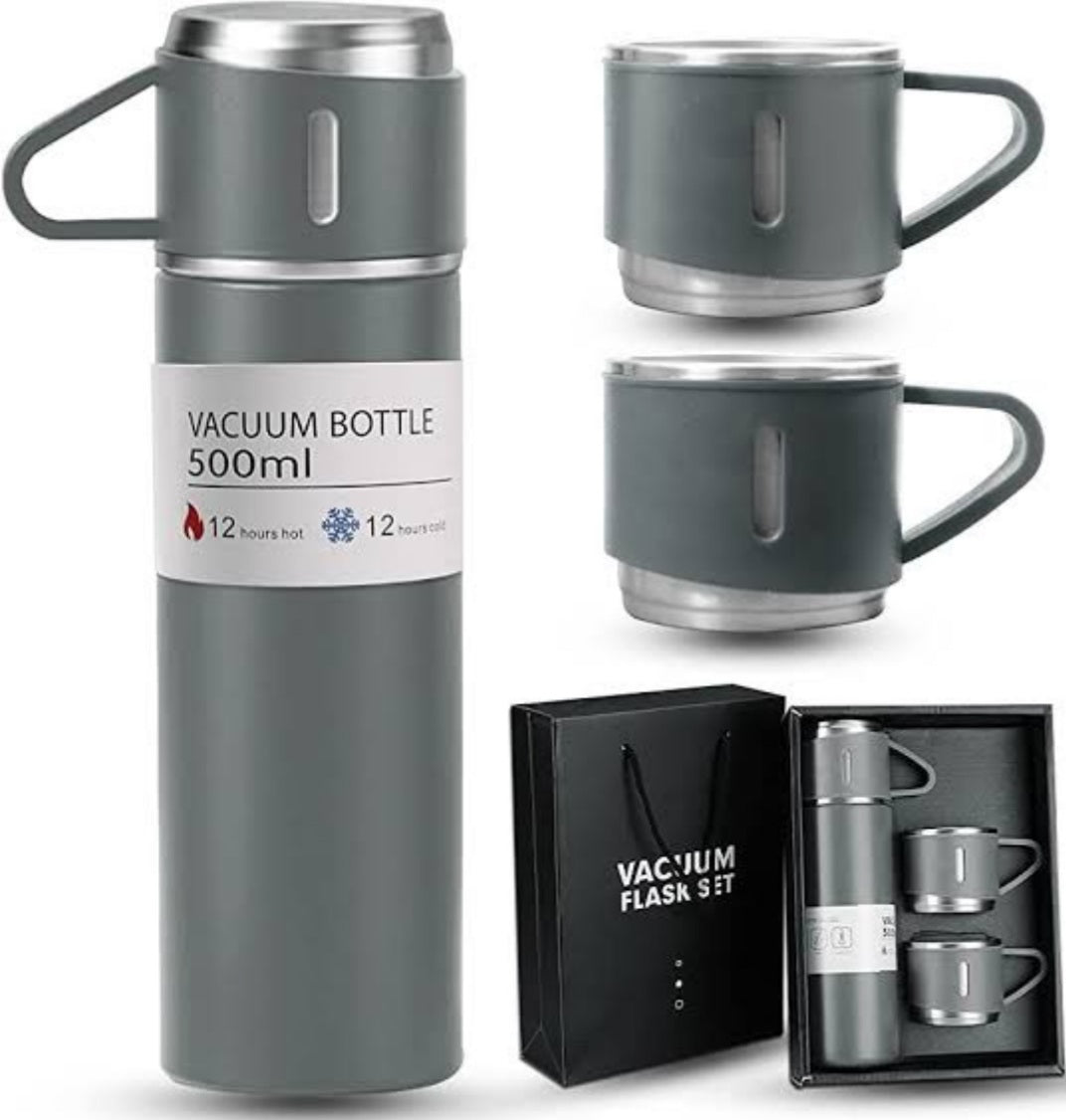 500ml Stainless Steel Vacuum Insulated Thermos Flask With 3 Cups Set.