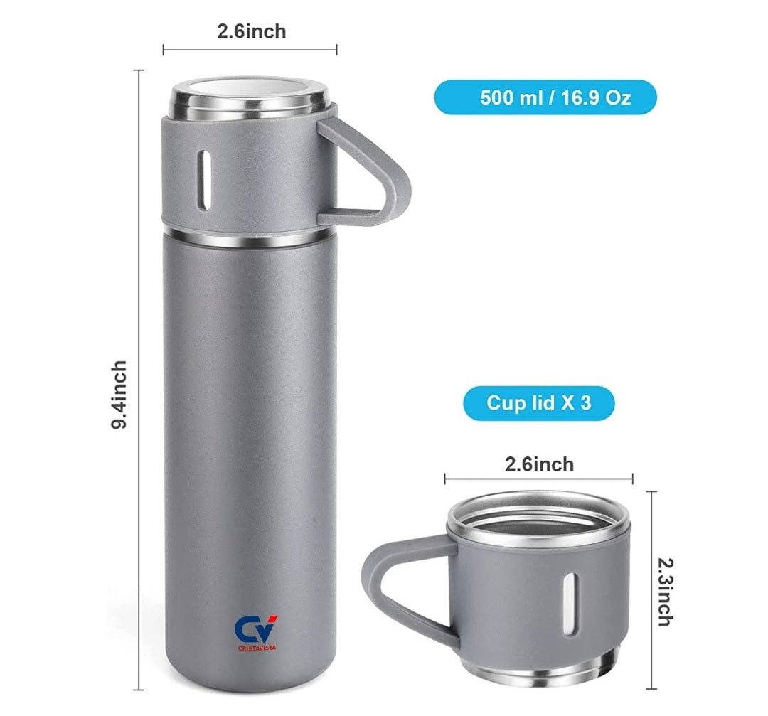 500ml Stainless Steel Vacuum Insulated Thermos Flask With 3 Cups Set.